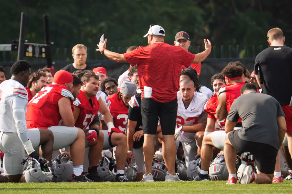 Ohio State Buckeyes head coach Ryan Day addresses his team during the first practice of training camp at the Woody Hayes Athletic Center on Aug. 6, 2026. Adam Cairns/Columbus Dispatch / USA TODAY NETWORK via Imagn Images
