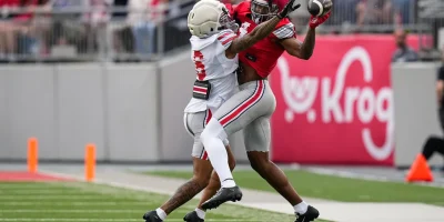 Wide receiver Jeremiah Smith (4) attempts to catch the ball against Cornerback Devin Sanchez (6) in the first half of the Ohio State football spring game at Ohio Stadium on Saturday, April 18, 2026 in Columbus, Ohio. Samantha Madar/Columbus Dispatch