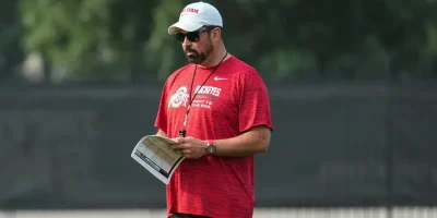 Ohio State Buckeyes head coach Ryan Day watches during the first practice of training camp at the Woody Hayes Athletic Center in Columbus on Aug. 6, 2026. | USA TODAY Network via Reuters Connect