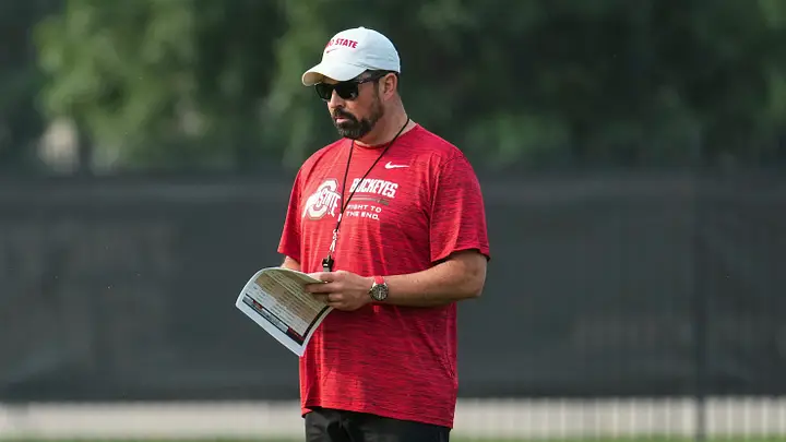 Ohio State Buckeyes head coach Ryan Day watches during the first practice of training camp at the Woody Hayes Athletic Center in Columbus on Aug. 6, 2026. | USA TODAY Network via Reuters Connect