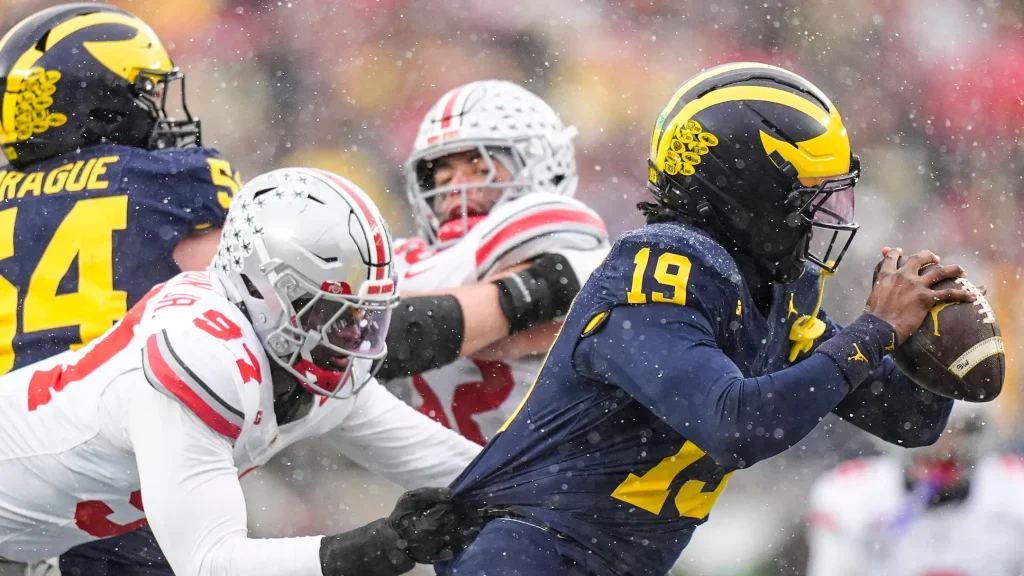 Ohio State defensive end Kenyatta Jackson Jr. (97) sacks Michigan quarterback Bryce Underwood (19) during the second half at Michigan Stadium in Ann Arbor on Saturday, Nov. 29, 2025. | Junfu Han / USA TODAY NETWORK via Imagn Images