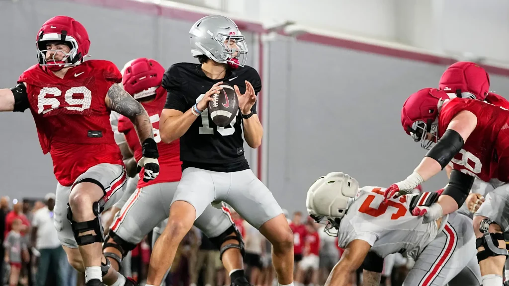 Ohio State Buckeyes quarterback Julian Sayin (10) drops back to pass during Student Appreciation Day spring practice at the Woody Hayes Athletic Center on April 4, 2026. | Adam Cairns/Columbus Dispatch / USA TODAY NETWORK via Imagn Images