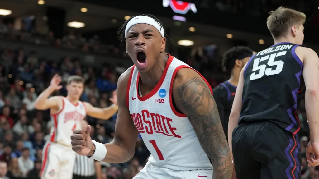 Mar 19, 2026; Greenville, SC, USA; Ohio State Buckeyes forward Amare Bynum (1) reacts against the Texas Christian University Horned Frogs in the second half during a first round game of the men's 2026 NCAA Tournament at Bon Secours Wellness Arena. Mandatory Credit: Bob Donnan-Imagn Images | Bob Donnan-Imagn Images