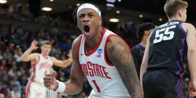 Mar 19, 2026; Greenville, SC, USA; Ohio State Buckeyes forward Amare Bynum (1) reacts against the Texas Christian University Horned Frogs in the second half during a first round game of the men's 2026 NCAA Tournament at Bon Secours Wellness Arena. Mandatory Credit: Bob Donnan-Imagn Images | Bob Donnan-Imagn Images