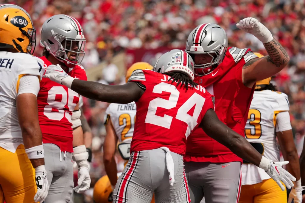 Ohio State Buckeyes running back Ja'kobi Jackson (24) celebrates a touchdown during the NCAA football game against the Kent State Golden Flashes at Ohio Stadium in Columbus on Sept. 19, 2026. Ohio State won 59-3. Adam Cairns/Columbus Dispatch, USA TODAY Network Via Reuters Co