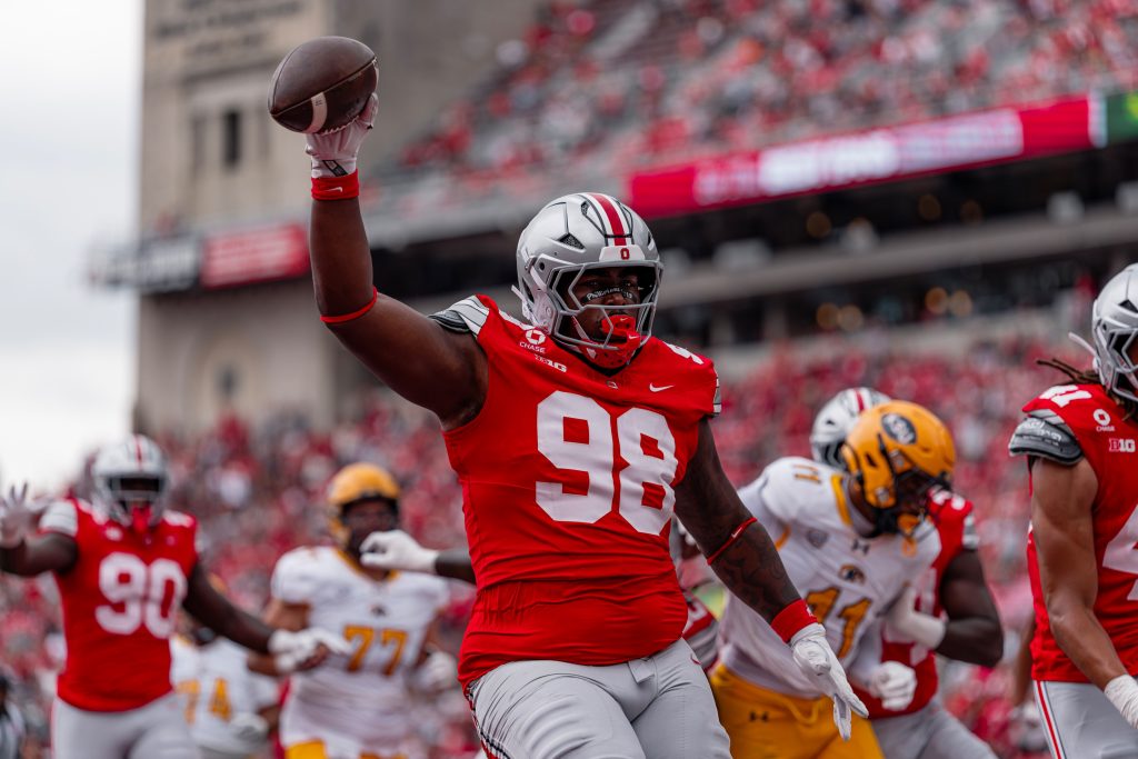 Ohio State freshman defensive lineman Jamir Perez celebrates a scoop-and-score against Kent State | Image Credit: Ohio State Football