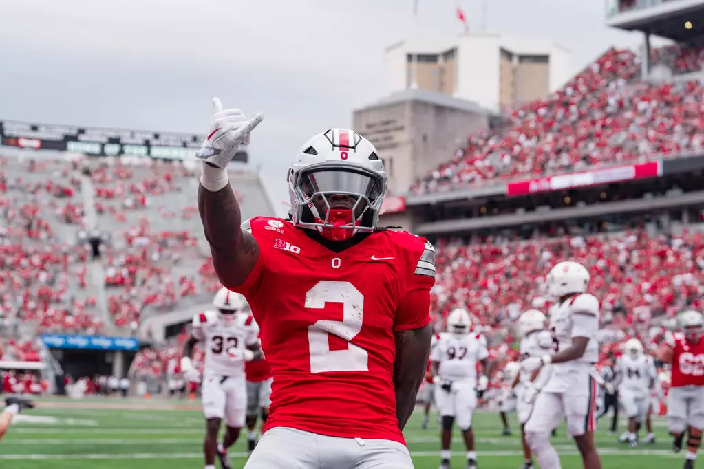 Ohio State running back Legend Bey celebrating a touchdown against Ball State | Image Credit: Ohio State Football