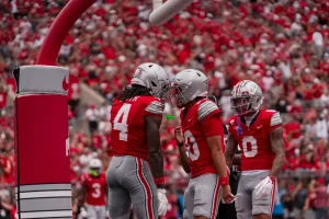 Ohio State wide receiver Jeremiah Smith and quarterback Julian Sayin celebrating a touchdown against Ball State | Image Credit: Ohio State Football
