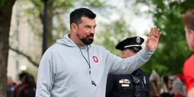 Apr 18, 2026; Columbus, OH, USA; Ohio State head coach Ryan Day greets fans before the annual spring game at Ohio Stadium. Mandatory Credit: Joseph Maiorana-Imagn Images | Joseph Maiorana-Imagn Images