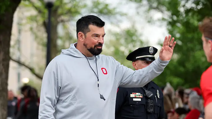 Apr 18, 2026; Columbus, OH, USA; Ohio State head coach Ryan Day greets fans before the annual spring game at Ohio Stadium. Mandatory Credit: Joseph Maiorana-Imagn Images | Joseph Maiorana-Imagn Images