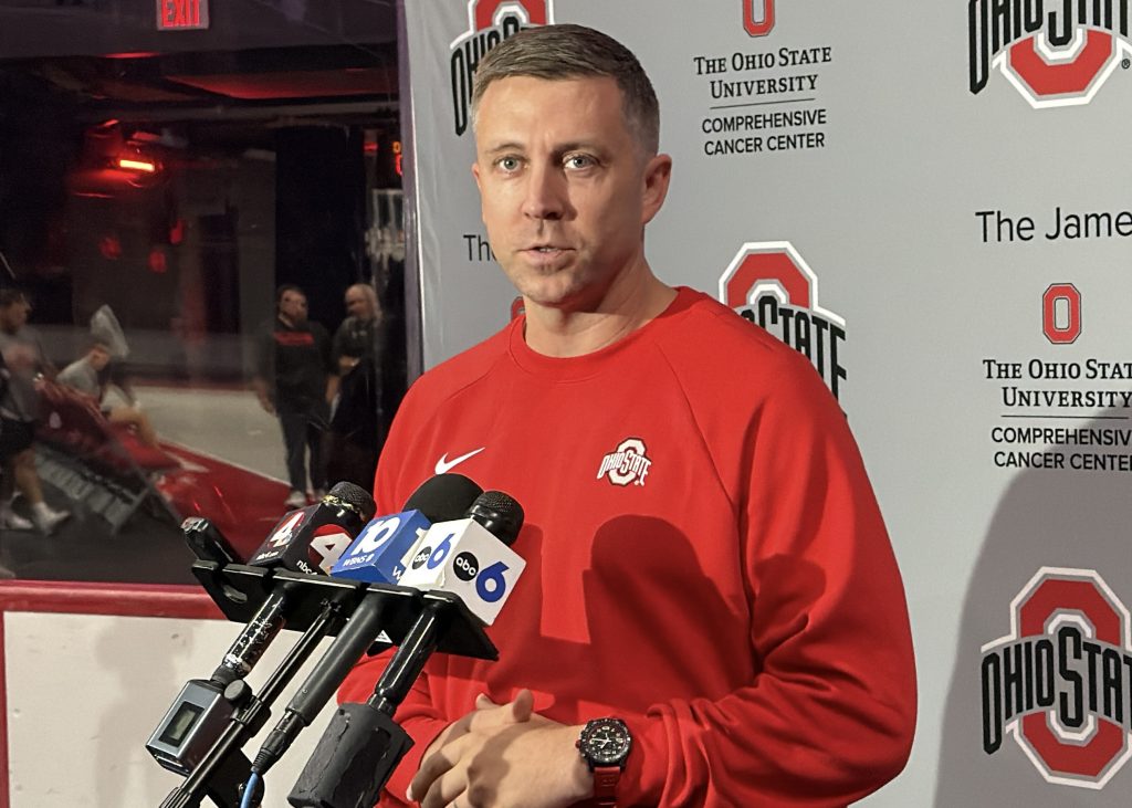 Ohio State Basketball head coach Jake Diebler address reporters ahead of the team's first practice of the 2026-27 season | Image Credit: Blake Biscardi/The Silver Bulletin