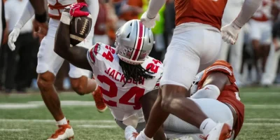 Ohio State Buckeyes running back Ja'kobi Jackson (24) scores a touchdown during the NCAA football game against the Texas Longhorns at Darrell K Royal–Texas Memorial Stadium in Austin, Texas on Sept. 12, 2026. Adam Cairns/Columbus Dispatch