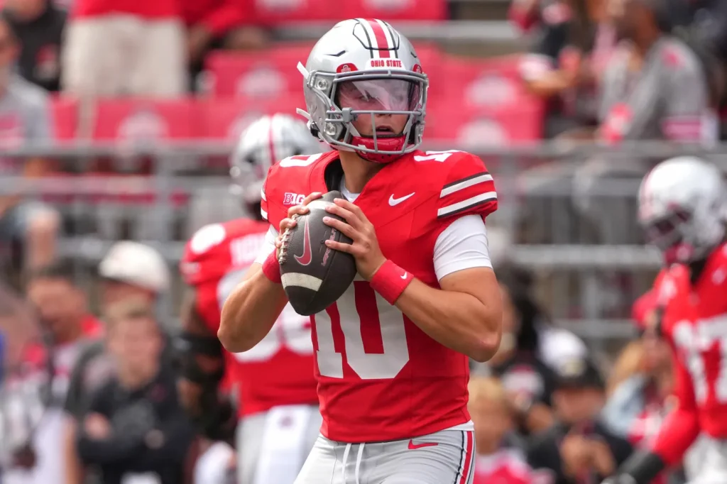 COLUMBUS, OHIO - SEPTEMBER 06: Quarterback Julian Sayin #10 of the Ohio State Buckeyes warms up before the game against the Grambling State Tigers at Ohio Stadium on September 06, 2025 in Columbus, Ohio. (Photo by Jason Mowry/Getty Images) Getty Images