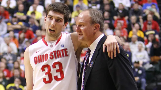 Former Ohio State head coach Thad Matta with Jon Diebler | Image Credit: NEAL C. LAURON