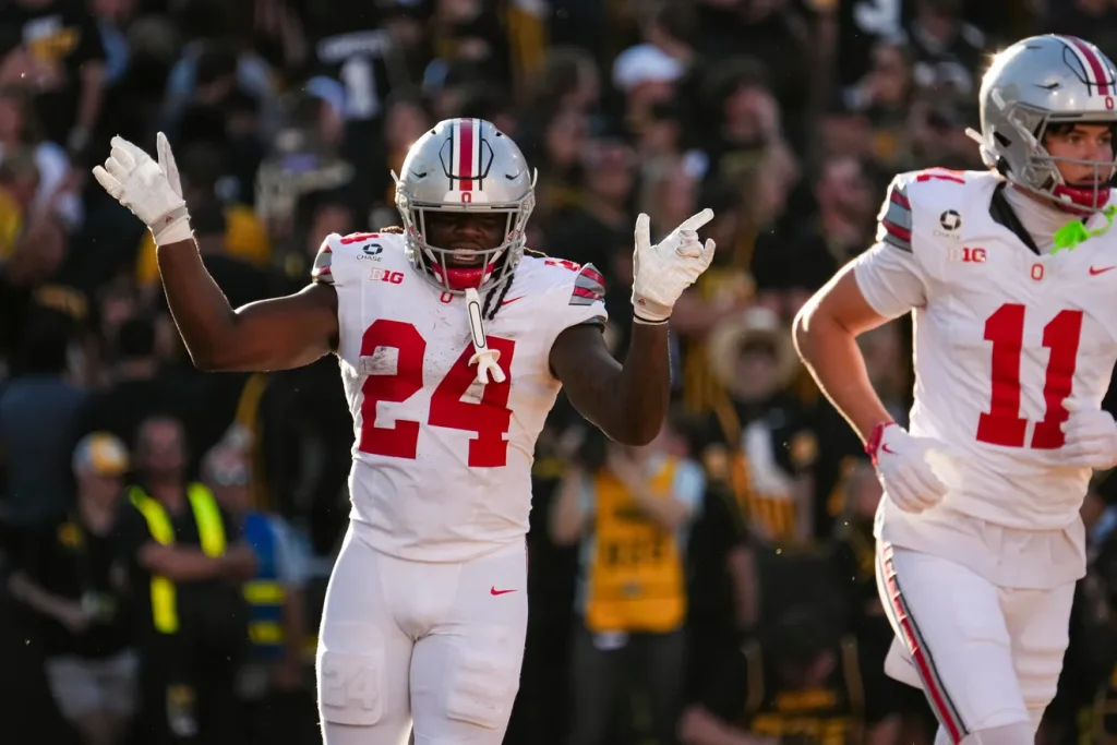 Ohio State Buckeyes running back Ja'kobi Jackson (24) celebrates a touchdown during the NCAA football game against the Iowa Hawkeyes at Kinnick Stadium in Iowa City on Oct. 3, 2026. Ohio State on 31-14. Adam Cairns/Columbus Dispatch, USA TODAY Network Via Reuters Co