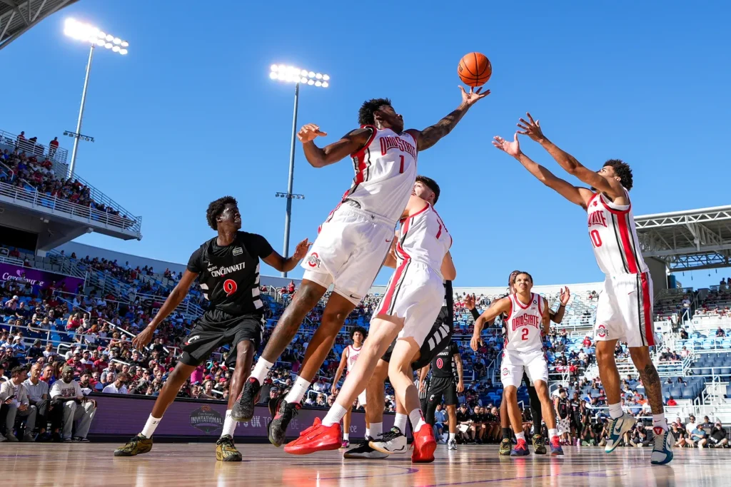 Ohio State Buckeyes forward Amre Bynum (1) reaches for a rebound in the first half of the CareSource Invitational exhibition game between the Cincinnati Bearcats and the Ohio State Buckeyes at the Lindner Family Tennis Center in Mason, Ohio, Wednesday, Oct. 7, 2026. The Bearcats won 79-68. Sam Greene/The Enquirer