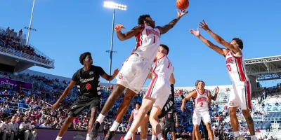 Ohio State Buckeyes forward Amre Bynum (1) reaches for a rebound in the first half of the CareSource Invitational exhibition game between the Cincinnati Bearcats and the Ohio State Buckeyes at the Lindner Family Tennis Center in Mason, Ohio, Wednesday, Oct. 7, 2026. The Bearcats won 79-68. Sam Greene/The Enquirer