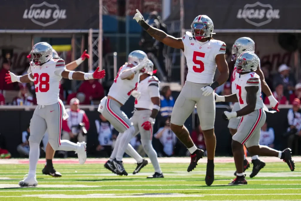 Ohio State Buckeyes linebacker Riley Pettijohn (5) celebrates during the NCAA football game against the Indiana Hoosiers at Memorial Stadium Stadium in Bloomington, Ind. on Oct. 17, 2026. Adam Cairns/Columbus Dispatch
