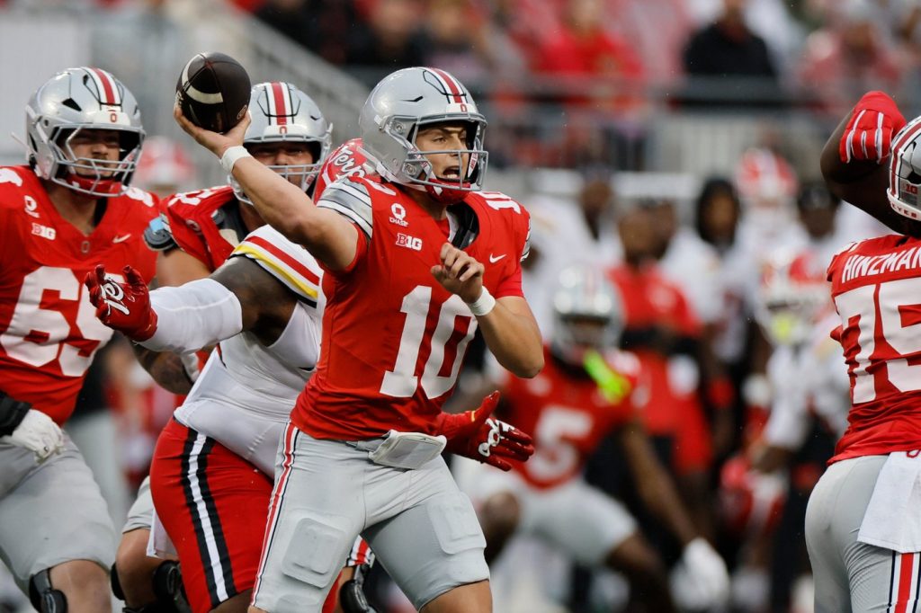 Ohio State quarterback Julian Sayin looks to throw a pass against Maryland during the first half of an NCAA college football game, Saturday, Oct. 10, 2026, in Columbus, Ohio.(AP Photo/Jay LaPrete)