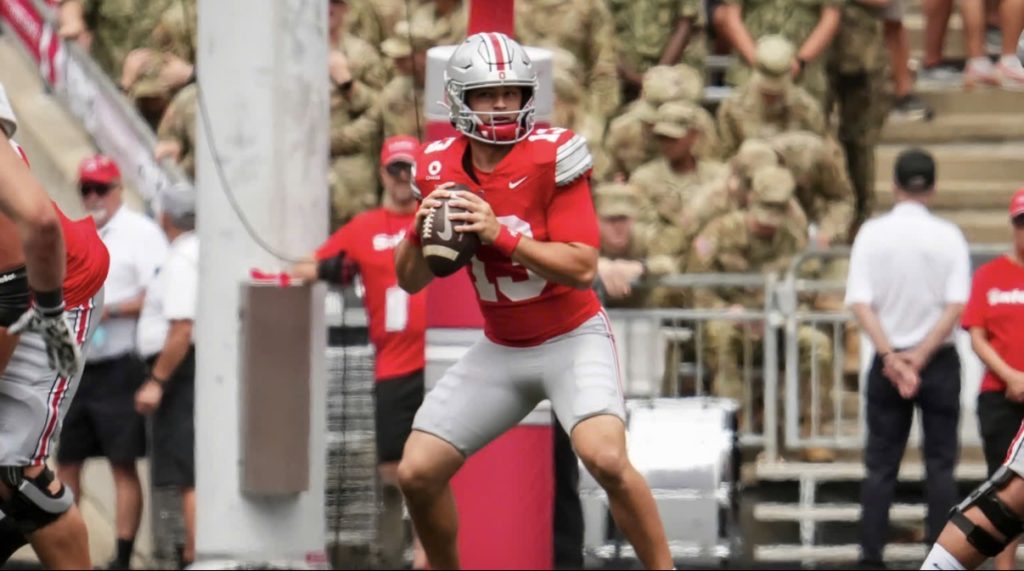 Ohio State Buckeyes quarterback Luke Fahey (13) looks to pass during the NCAA football game against the Ball State Cardinals at Ohio Stadium in Columbus on Sept. 5, 2026. Adam Cairns/Columbus Dispatch / USA TODAY NETWORK via Imagn Images