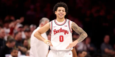 Mar 1, 2026; Columbus, Ohio, USA; Ohio State Buckeyes guard John Mobley Jr. (0) celebrates during the second half against the Purdue Boilermakers at Value City Arena. Mandatory Credit: Joseph Maiorana-Imagn Images | IMAGN IMAGES via Reuters Connect