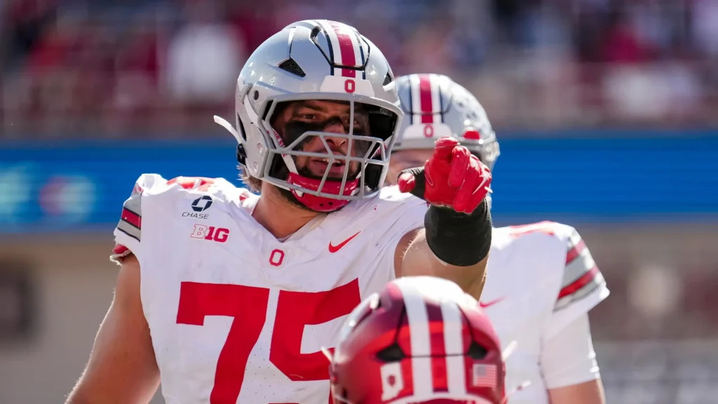 Ohio State Buckeyes offensive lineman Carson Hinzman (75) motions during the NCAA football game against the Indiana Hoosiers at Memorial Stadium Stadium in Bloomington, Ind. on Oct. 17, 2026. | USA TODAY Network via Reuters Connect
